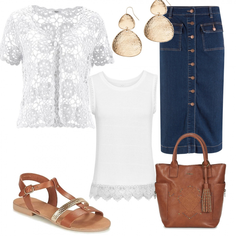 Outfit donna - Coprispalle macramé. Stile Trendy per Tutti i giorni. Abbinamento con borse a tracolla, gonne, bolero, orecchini, borsa a mano, sandali.