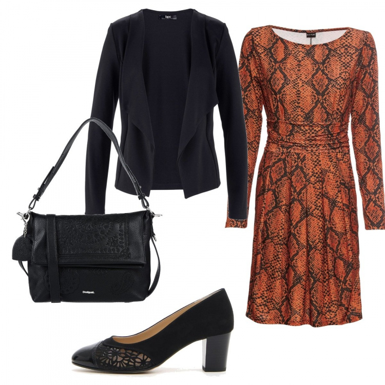 Outfit donna - Pitonato arancione. Stile Basic per Ufficio. Abbinamento con blazer, vestiti, borsa a tracolla, décolleté.