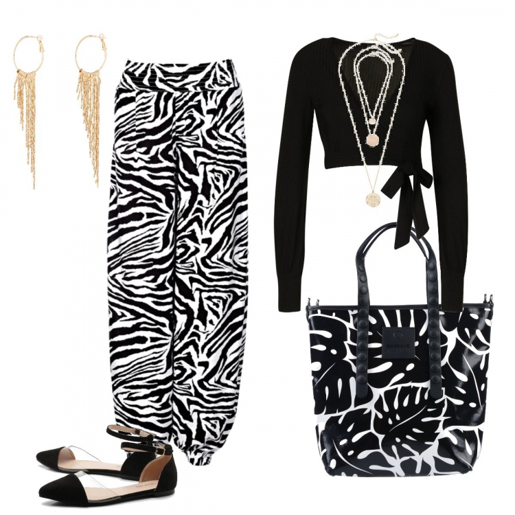 Outfit donna - Black and white optical. Stile Basic per Scuola/Università. Abbinamento con pantaloni a palazzo, ciondoli, orecchini, borse a mano, ballerine, top.