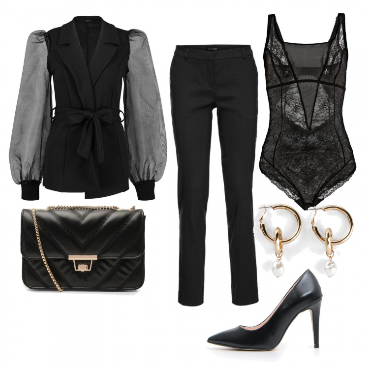 Outfit donna - Chic #9542. Stile Chic per Serata fuori. Abbinamento con pantaloni, corpo, orecchini, blazer, borse a spalla, décolleté.