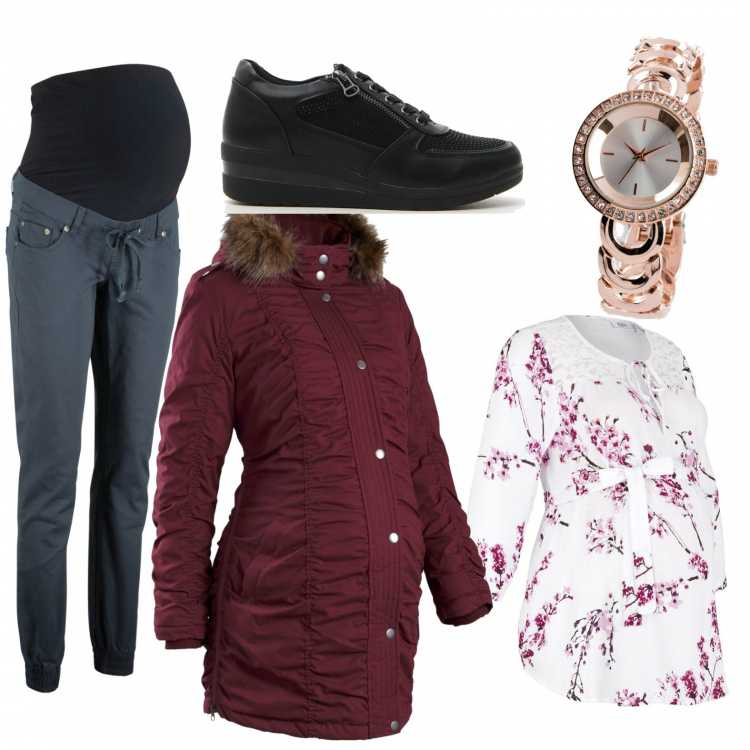 Outfit donna - Premaman. Stile Basic per Tutti i giorni. look ideale per Premaman. Abbinamento con bluse, pantaloni skinny, blazer, orologio, scarpe stringate.