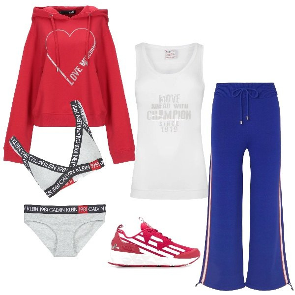 Outfit donna - Fitness a casa. Stile Urban per Sport. Abbinamento con felpa con cappuccio, pantaloni, bralette, culotte, sneakers contrasto con lacci e punta tonda con logo bianco, canottiera.