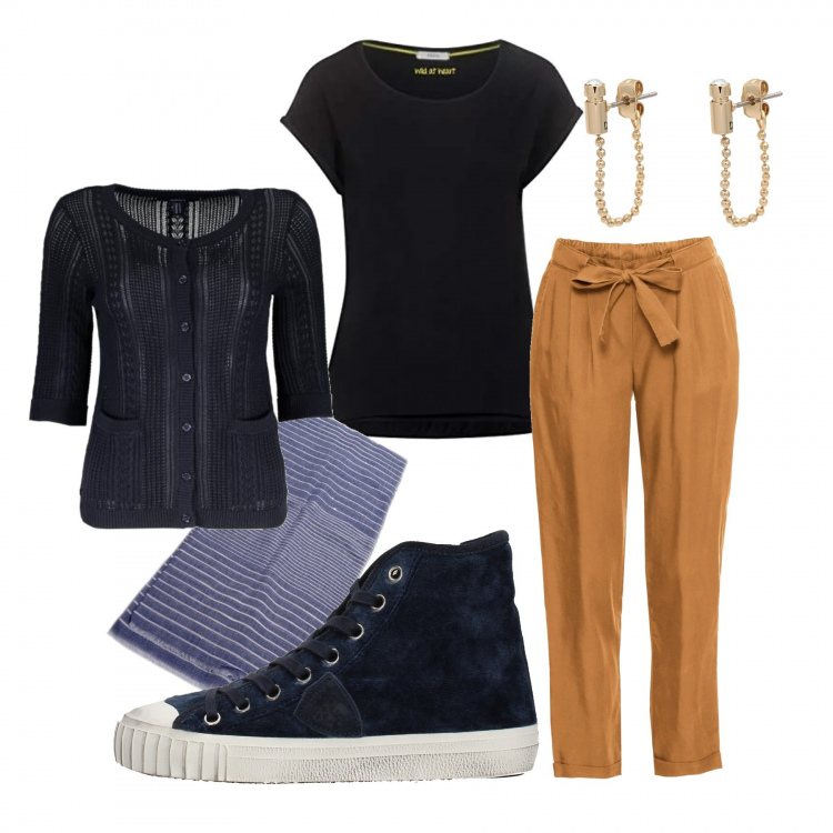 Outfit donna - #iostoacasa. Stile Basic per Tutti i giorni. Abbinamento con orecchini, shopping bag, sneakers, sciarpe, t-shirt, cardigan.