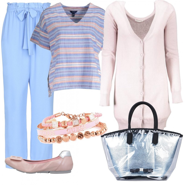 Outfit donna - Comoda. Stile Basic per Tutti i giorni. Abbinamento con pantalone lungo, borse a mano, ballerine, braccialetti, t-shirt, cardigans.