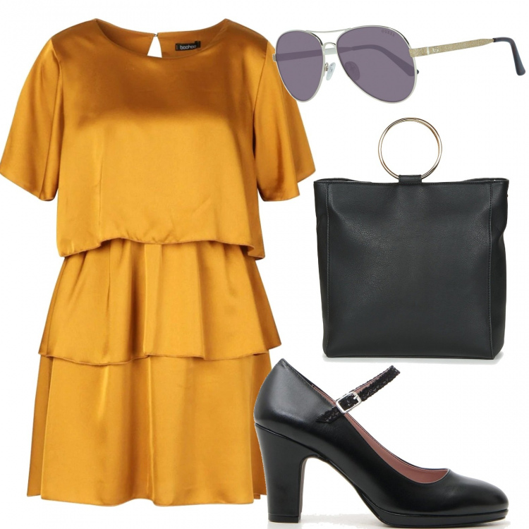 Outfit donna - Sbarazzina in oro. Stile Bon Ton per Serata fuori. Abbinamento con vestito, borsetta nero, décolleté, occhiali da sole.