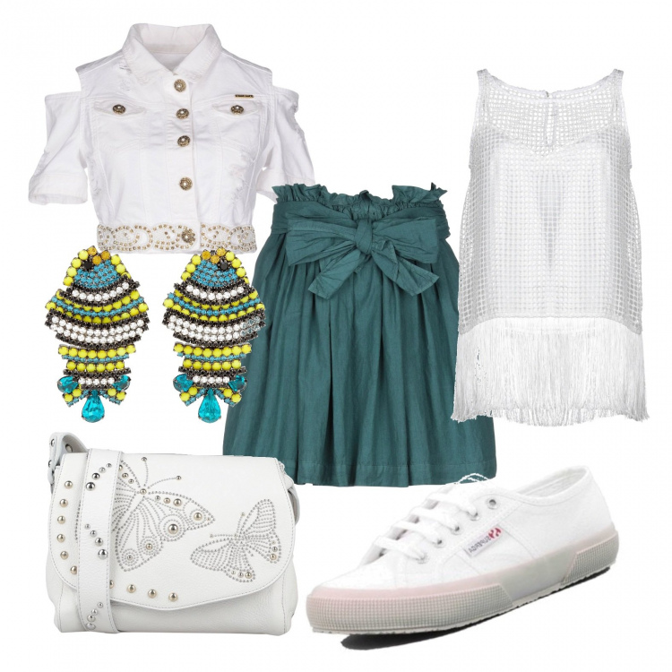 Outfit donna - Domenica al lago. Stile Trendy per Tutti i giorni. Abbinamento con gonna longuette, top, giubbotto, orecchini, borse a spalla, sneakers.