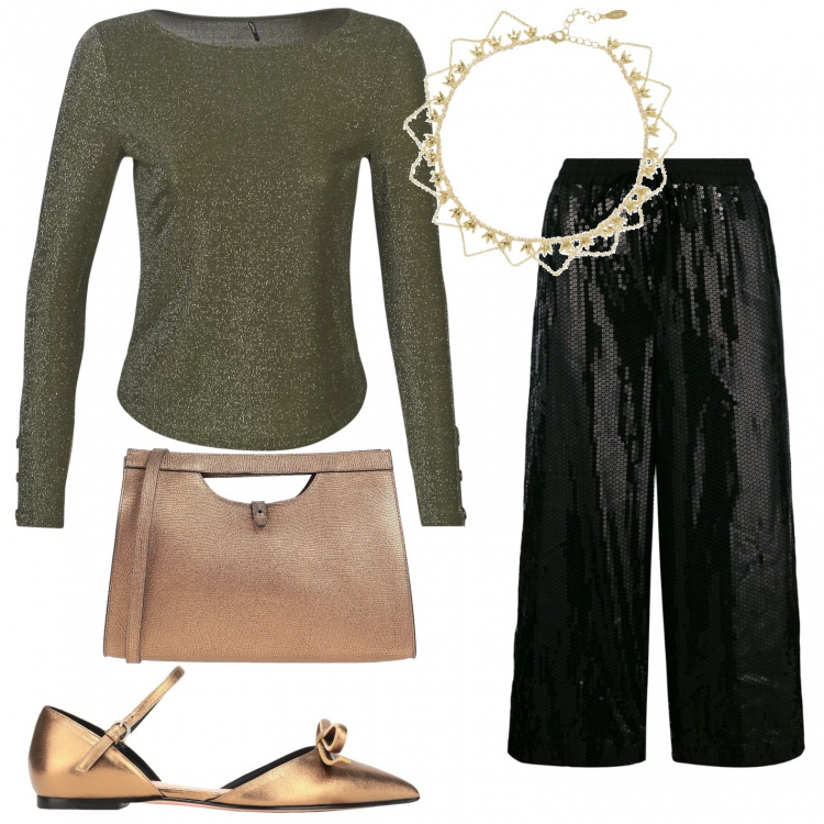 Outfit donna - Serata fuori senza tacchi. Stile Trendy per Serata fuori. look ideale per Tall. Abbinamento con ballerine, collane, borse a mano, t-shirt, pantaloni a palazzo.