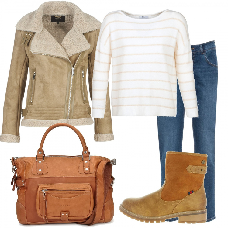 Outfit donna - Vestirsi con le offerte. Stile Basic per Tutti i giorni. Abbinamento con borsa a mano, blazer, maglione, stivaletti, jeans.