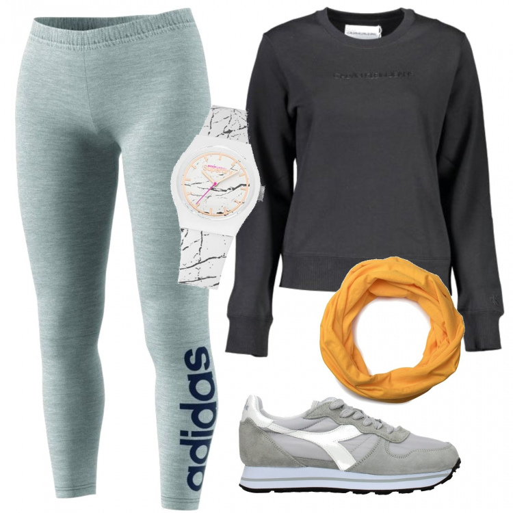 Outfit donna - Fitness casalingo. Stile Basic per Sport. Abbinamento con sneakers, collant, felpa, foulard, orologi.