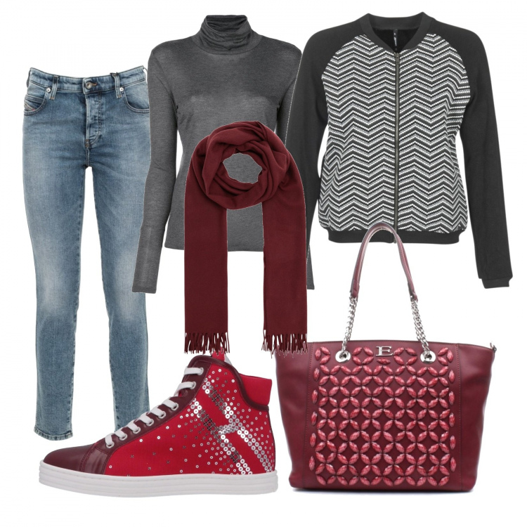 Outfit donna - Basic #10539. Stile Basic per Scuola/Università. Abbinamento con sneakers alte, sciarpe, blazer, shopping bag, maglione a coste collo alto a maniche lunghe con orlo, jeans skinny.