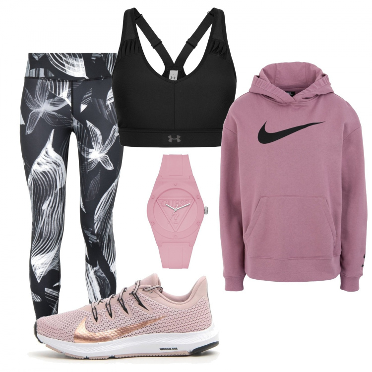 Outfit donna - Basic #10543. Stile Basic per Sport. Abbinamento con felpa con cappuccio, leggings, orologi, sneakers, top sportivo.