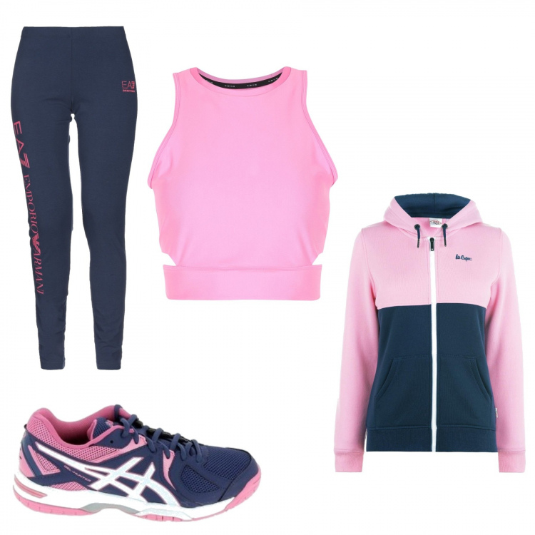 Outfit donna - Workout casalingo. Stile Trendy per Sport. Abbinamento con leggings, top, sneakers, felpa.