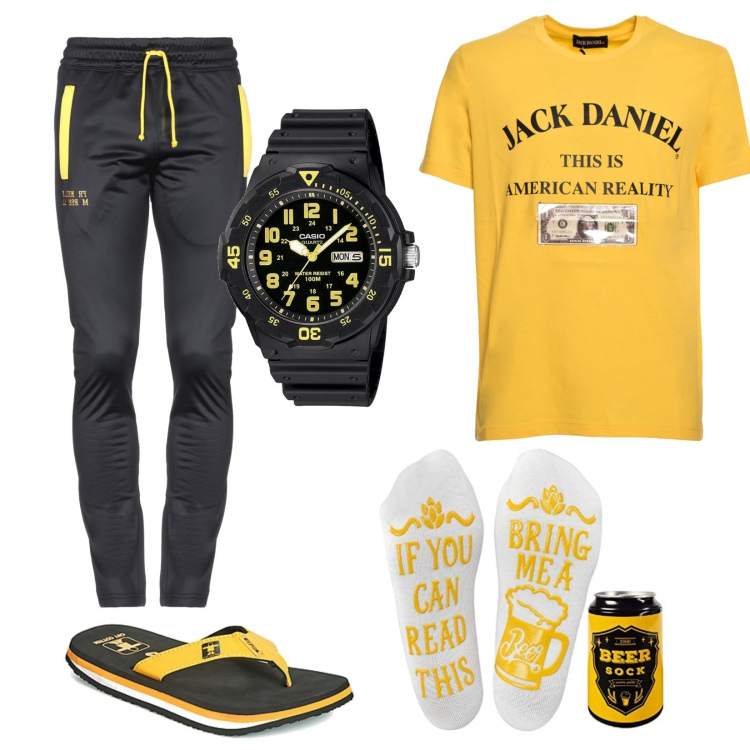 Outfit uomo - Relax a casa. Stile Casual per Tutti i giorni. Abbinamento con scarpa, pantaloni, calzini, t-shirt, orologi.