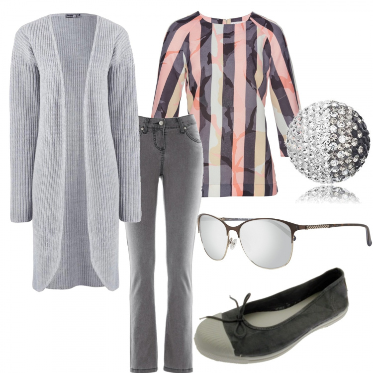 Outfit donna - Conference call. Stile Basic per Ufficio. Abbinamento con jeans slim fit, tunica, cardigans, ballerine, ciondolo, occhiali da sole.