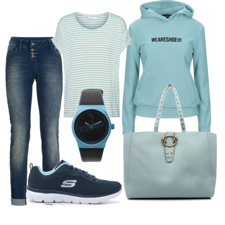Outfit donna - Basic #10556. Stile Basic per Scuola/Università. Abbinamento con jeans boyfriend, felpa con cappuccio, orologio, shopping bag, sneakers, top.