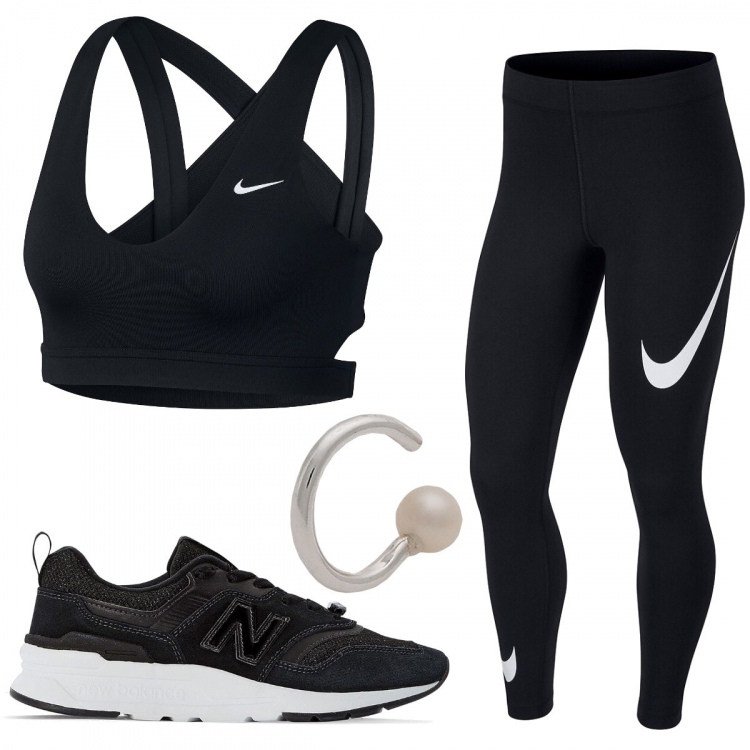 Outfit femme - Fitness à la maison. Style Basique pour Sport. Assortir avec boucles d'oreilles, leggings et jeggings, sneakers, soutiens-gorge.