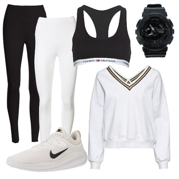 Outfit donna - Basic #10571. Stile Basic per Tutti i giorni. Abbinamento con leggings, felpa, orologio, bralette, sneakers.