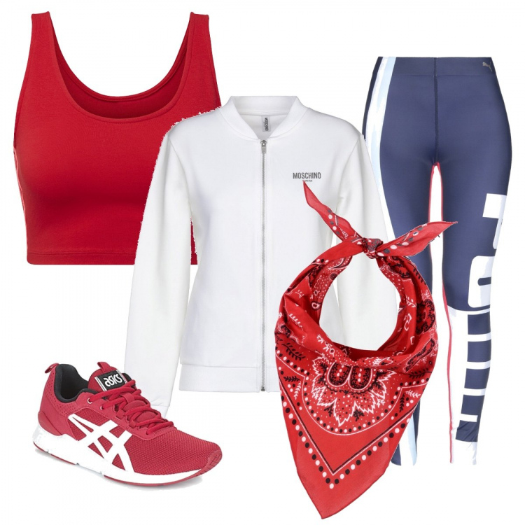 Outfit mujer - Confinada y en fórma. Estilo Basic para Deporte. Combinación con sneakers, reggiseno, leggings, accesorios para el pelo, top.