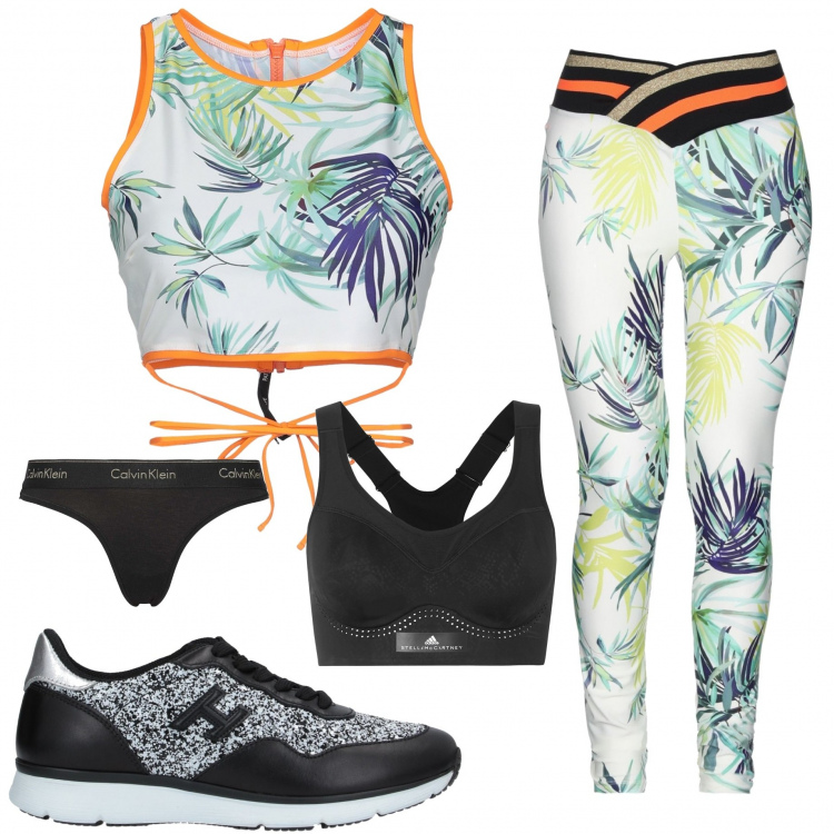Outfit mujer - Deporte en casa. Estilo Basic para Deporte. Combinación con slip, pantalone fantasia floreale jersey, reggiseno jersey, top fantasia floreale jersey, sneakers.