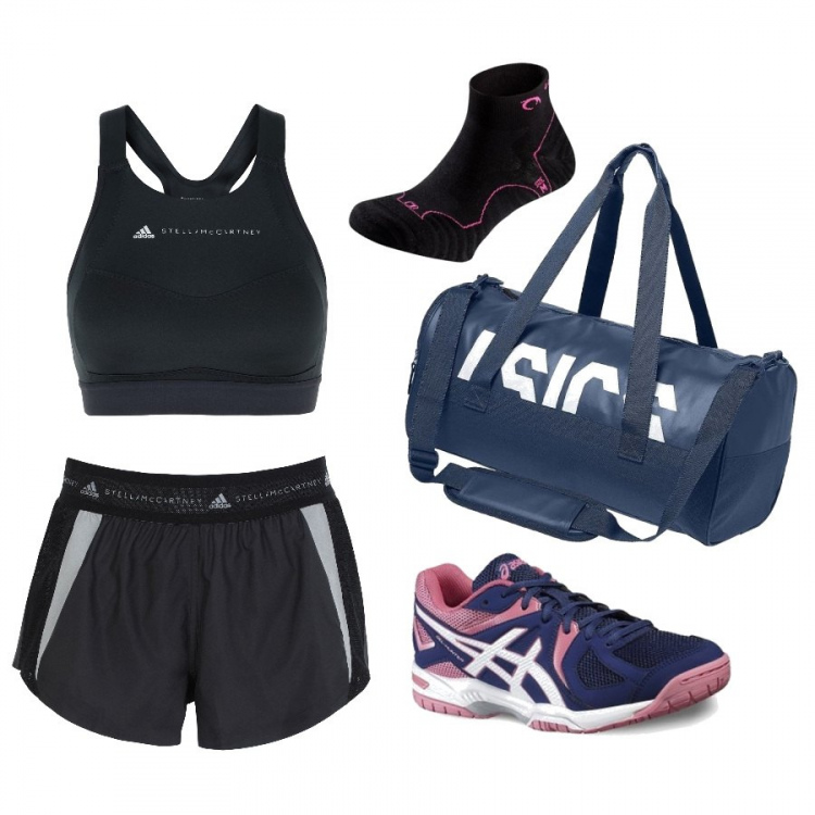 Outfit mujer - Fitness en casa. Estilo Basic para Deporte. Combinación con sneakers multicolore, borsa da viaggio multicolore, calza, pantalones cortos, top jersey.