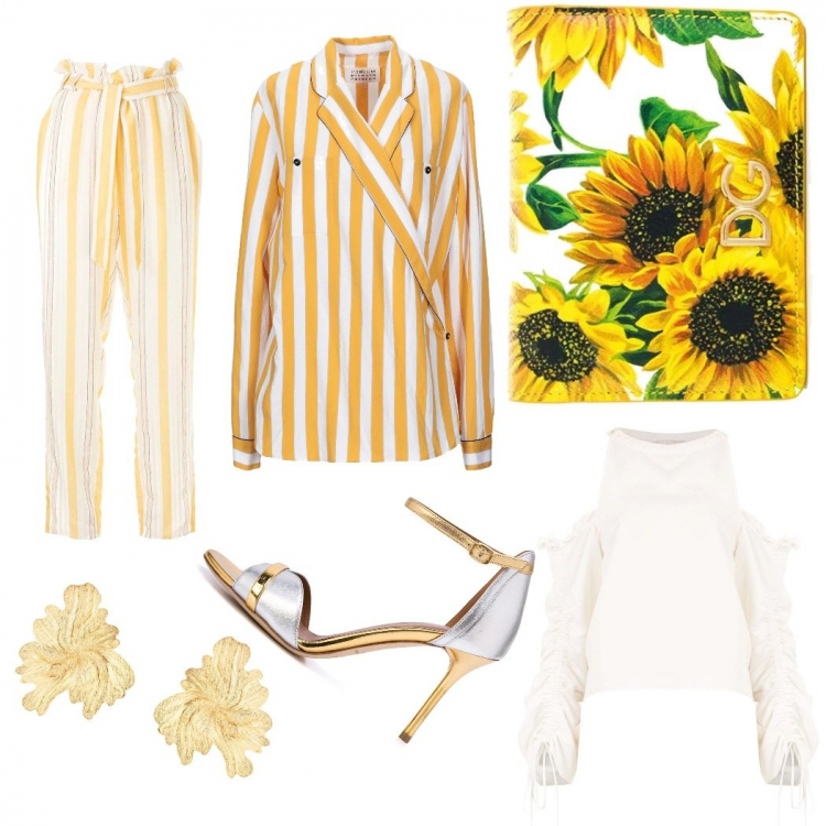 Outfit femme - La récolte de fleurs. Style Bon Ton pour Bureau. look idéal pour Grande. Assortir avec chemises, sandales, sabots, mules et tongs tendance, pantalons longs, boucles d'oreilles, vestes, blazers et manteaux, porte-feuilles et porte-monnaie.