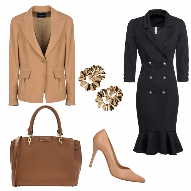 Outfit femme - Confcall. Style Chic pour Bureau. Assortir avec robes longues, blazers, escarpins, sacs à main, colliers et pendantifs.