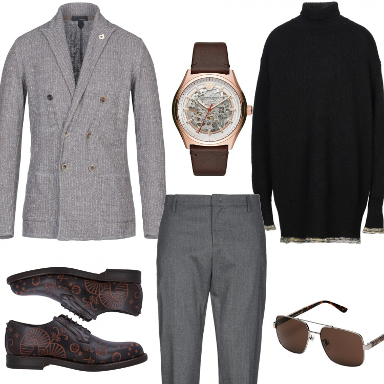 Outfit uomo - Ingranaggi. Stile Casual per Tutti i giorni. Abbinamento con giacca, occhiali da sole, scarpe stringate, pantaloni, orologi.