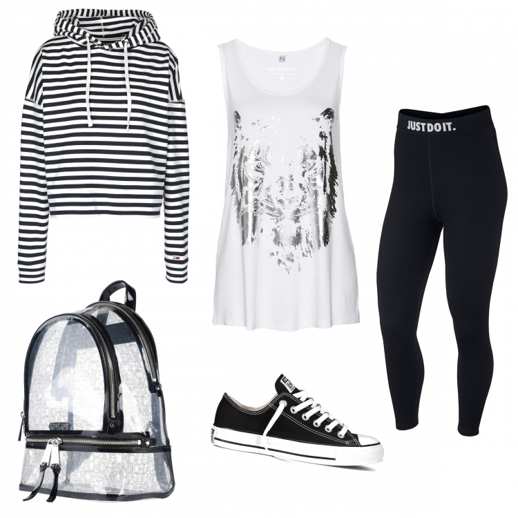 Outfit femme - Fitness à la salle de sport. Style Chic pour Sport. Assortir avec hauts, sweats, leggings et jeggings, sneakers, sacs-à-dos.