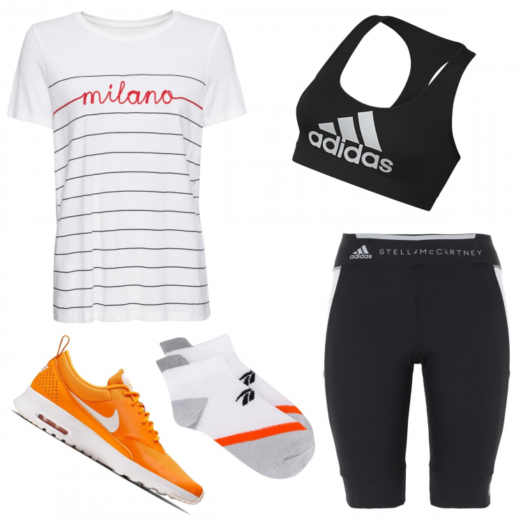 Outfit femme - Fitness à la maison. Style Basique pour Sport. Assortir avec t-shirts et polos, sneakers, pantalons courts et shorts, soutiens-gorge, collants et chaussettes.