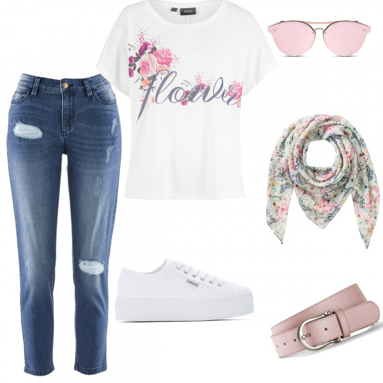 Outfit femme - Weekend détente à la maison. Style Basique pour Tous les jours. Assortir avec t-shirts et polos, foulards et écharpes, jeans, ceintures, sneakers, lunettes de soleil et montures pour lunettes de vue.