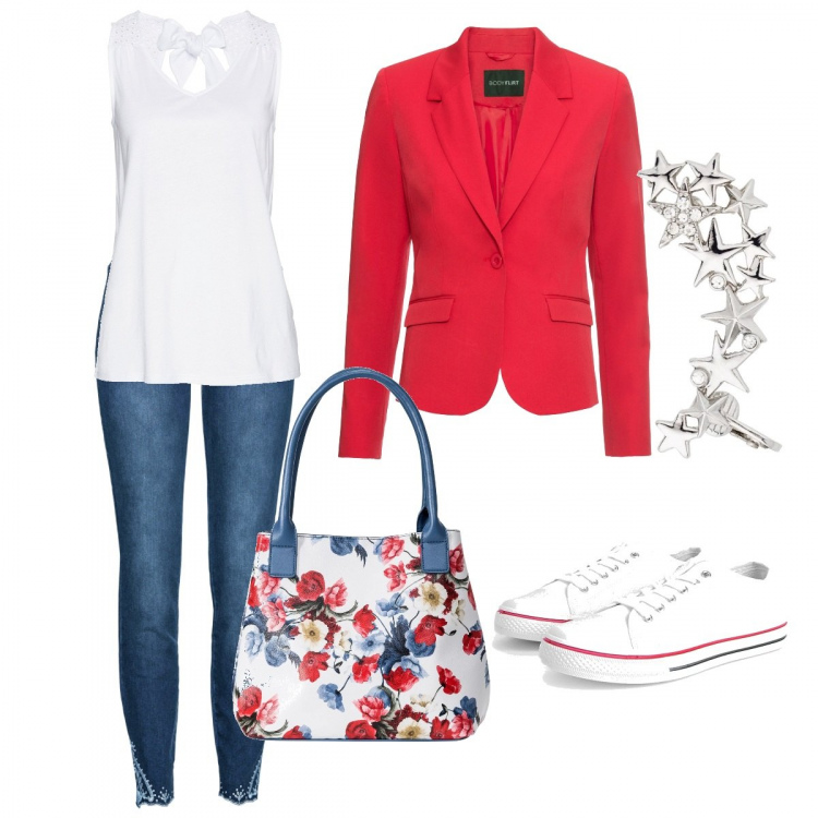 Outfit donna - Comoda e colorata. Stile Trendy per Tutti i giorni. Abbinamento con top, borse a mano, blazer, jeans, bluse, sneakers.