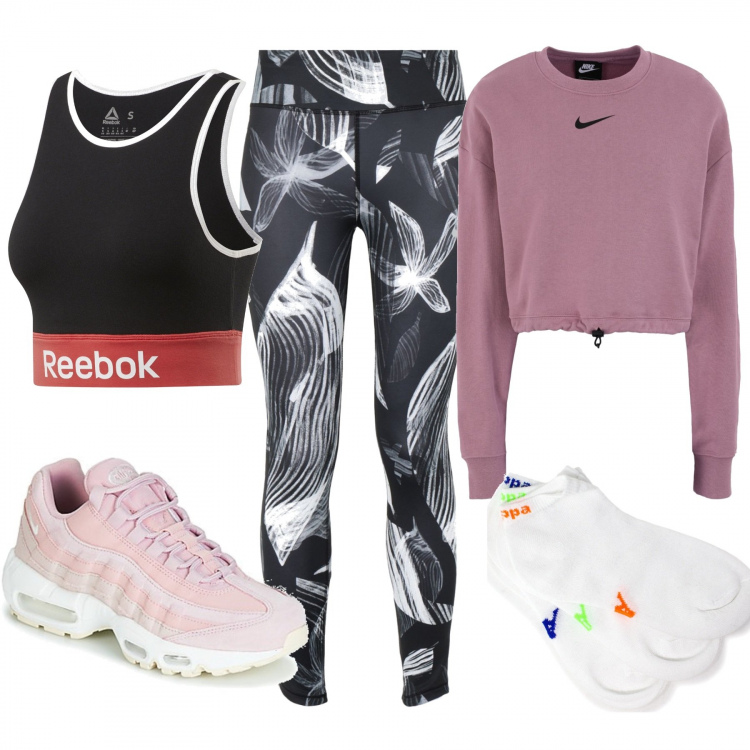 Outfit mujer - Deporte en casa. Estilo Basic para Deporte. Combinación con bralette, sneakers, calza, leggings, top.