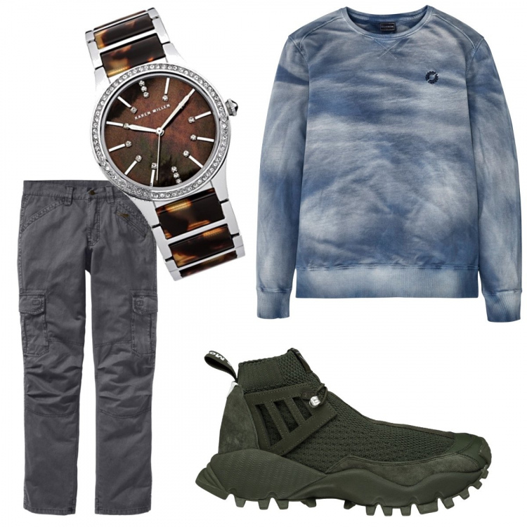 Outfit uomo - Anche in montagna con stile. Stile Urban per Sport. Abbinamento con pantaloni cargo, felpe, sneakers alte, orologio.