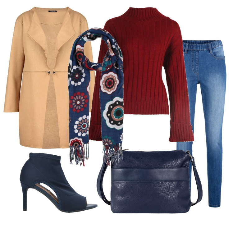 Outfit donna - La sciarpina che fa primavera. Stile Bon Ton per Ufficio. Abbinamento con jeggings, borse a tracolla, stivaletti, stole, cappotto, maglione.