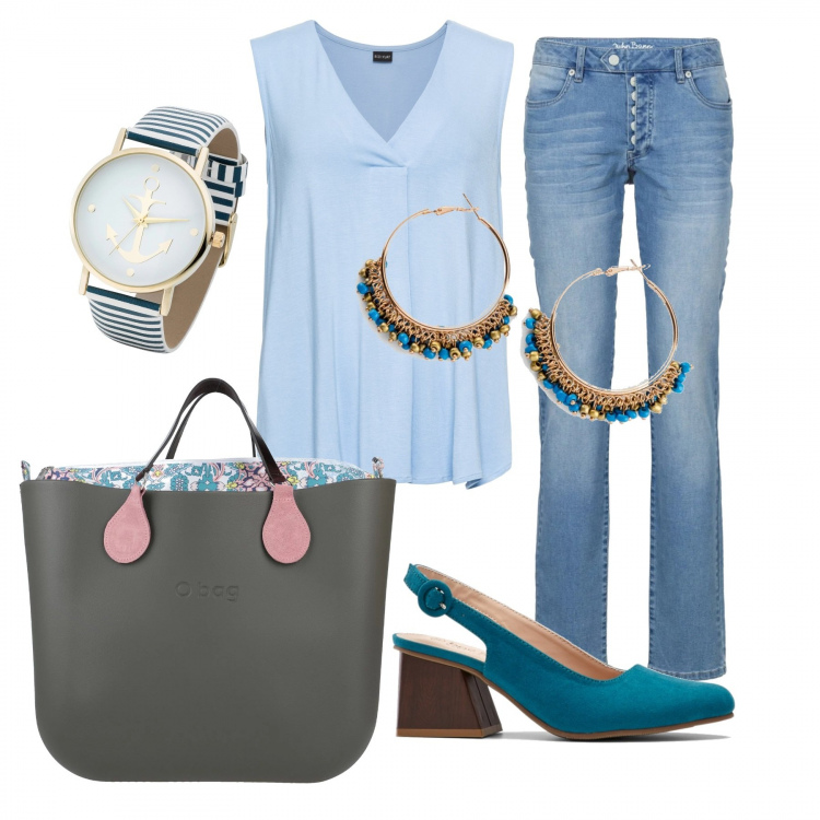 Outfit donna - Basic #10656. Stile Basic per Tutti i giorni. Abbinamento con top, bluse, décolleté, orecchini, orologi, borsa a mano.