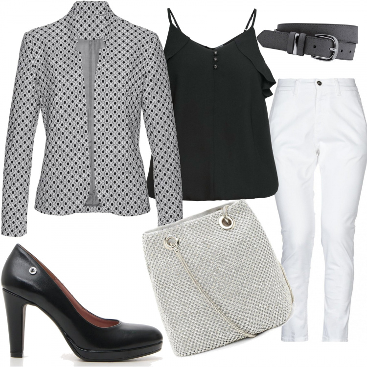 Outfit donna - Giornata grigia. Stile Bon Ton per Tutti i giorni. Abbinamento con cinture, blazer, top, pantalone chino, cappello con strass fantasia floreale, décolleté.