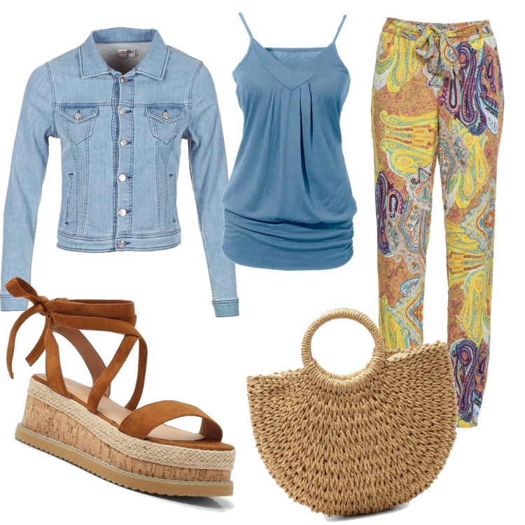 Outfit donna - Trendy #17944. Stile Trendy per Tutti i giorni. Abbinamento con top, pantalone lungo, borsa, sandali, giacche.