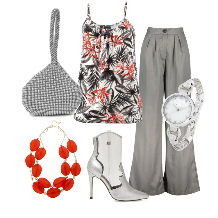 Outfit donna - Urban #8377. Stile Urban per Tutti i giorni. Abbinamento con top, orologio, collane, pantalone lungo, stivali grigio, clutch.