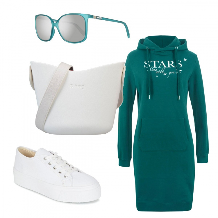 Outfit donna - Un pomeriggio di libertà. Stile Basic per Tutti i giorni. Abbinamento con vestito corto, borse a spalla, sneakers, occhiali da sole.