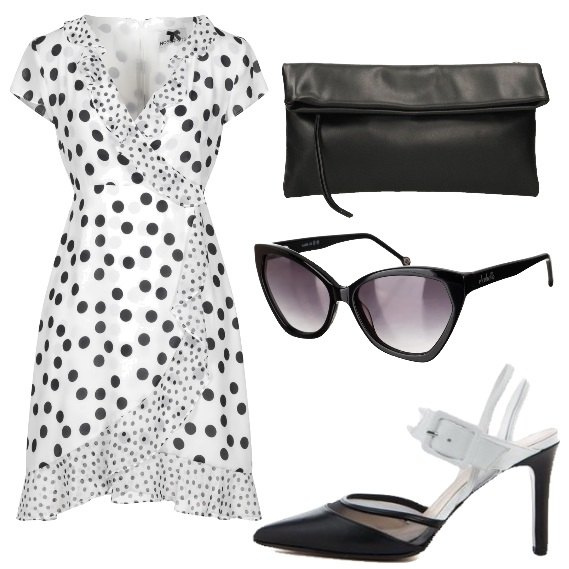 Outfit mujer - Vestido de lunares. Estilo Chic para Ceremonia. Combinación con zapatos de tacón, gafas de sol, clutch, vestito.