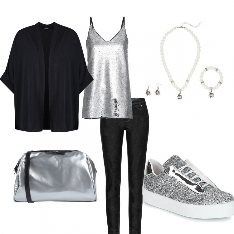 Outfit donna - Bella anche se comoda. Stile Rock per Serata fuori. Abbinamento con top, pantaloni, braccialetti, borse a spalla, cardigan, sneakers.