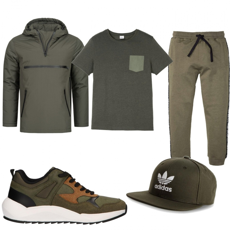 Outfit uomo - Urban #2864. Stile Urban per Sport. Abbinamento con t-shirt, pantaloni, cappello, giubbotto, stivali.