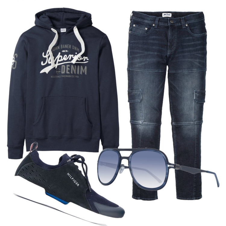 Outfit uomo - Urban #2866. Stile Urban per Tutti i giorni. Abbinamento con jeans slim fit, felpa a coste con cappuccio blu, sneakers, occhiali da sole.