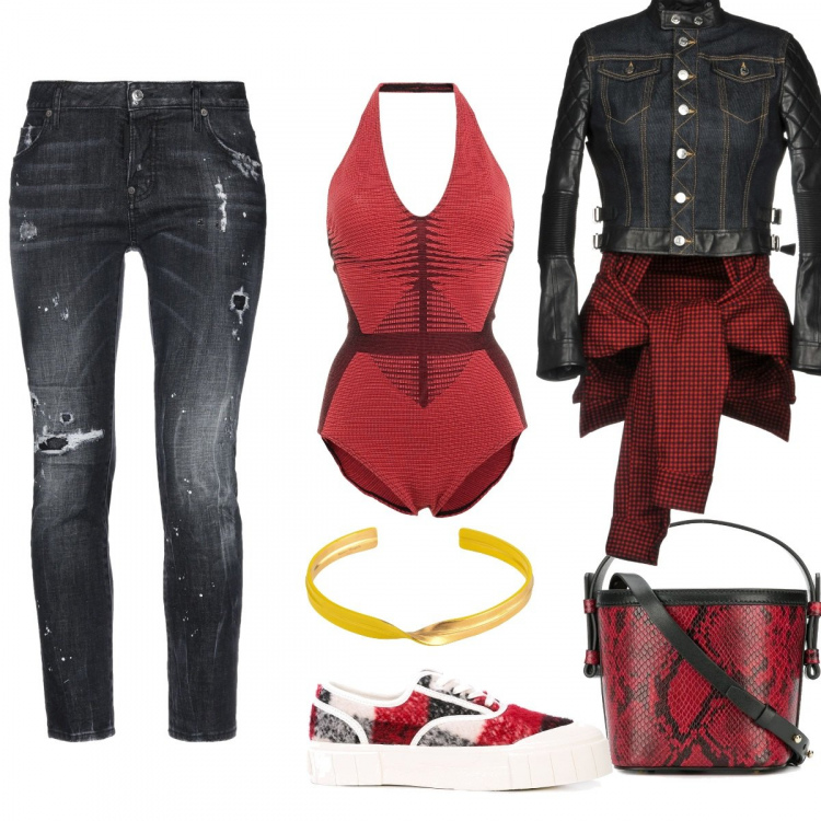 Outfit femme - Concert de rouge. Style Rock pour Soirée dehors. Assortir avec manteaux, bodies, porte-jarretelles et nuisettes, jeans, sacs seau, bracelets, sneakers.