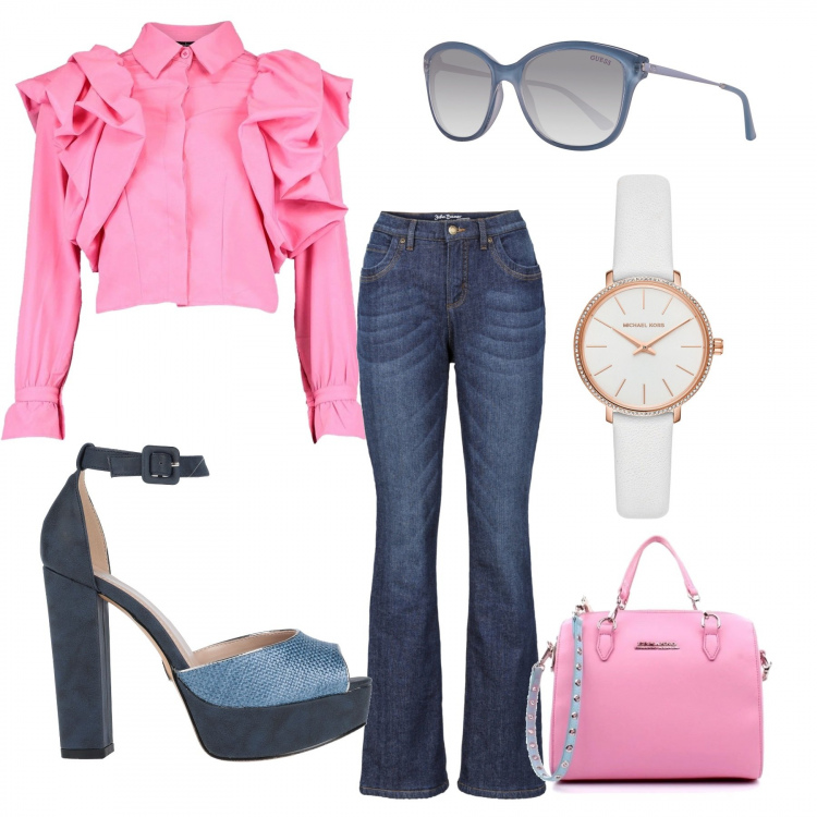 Outfit donna - La camica rosa+jeans. Stile Trendy per Tutti i giorni. Abbinamento con jeans bootcut, sandali in pelle, orologi, camicia con volant rosa, borse a mano, occhiali da sole.