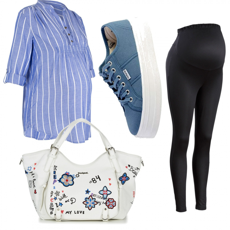 Outfit donna - Premaman. Stile Basic per Tutti i giorni. look ideale per Premaman. Abbinamento con leggings, tuniche, borsa a spalla, sneakers blu.