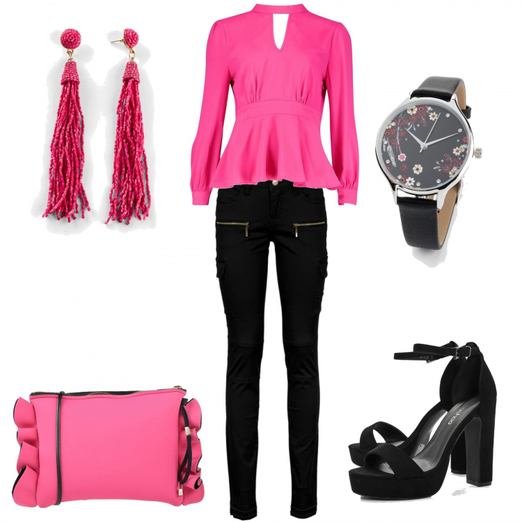 Outfit donna - Rock in pink. Stile Rock per Serata fuori. Abbinamento con pantaloni cargo, maglieria, orecchini, borse a mano, camicia, scarpe col tacco.