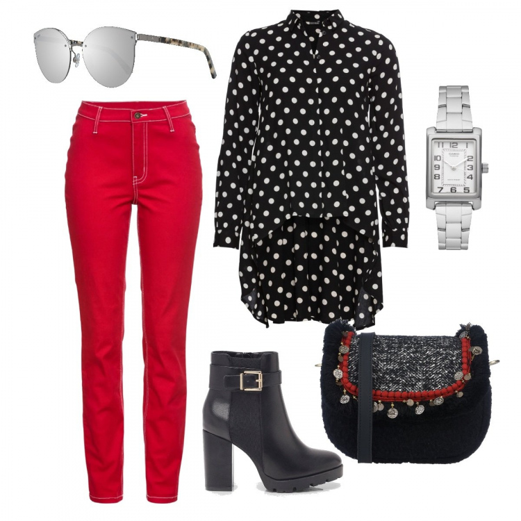Outfit donna - Look da aperitivo. Stile Trendy per Tutti i giorni. Abbinamento con camicie, pantaloni, borsa a tracolla, orologi, scarpe, occhiali da sole.