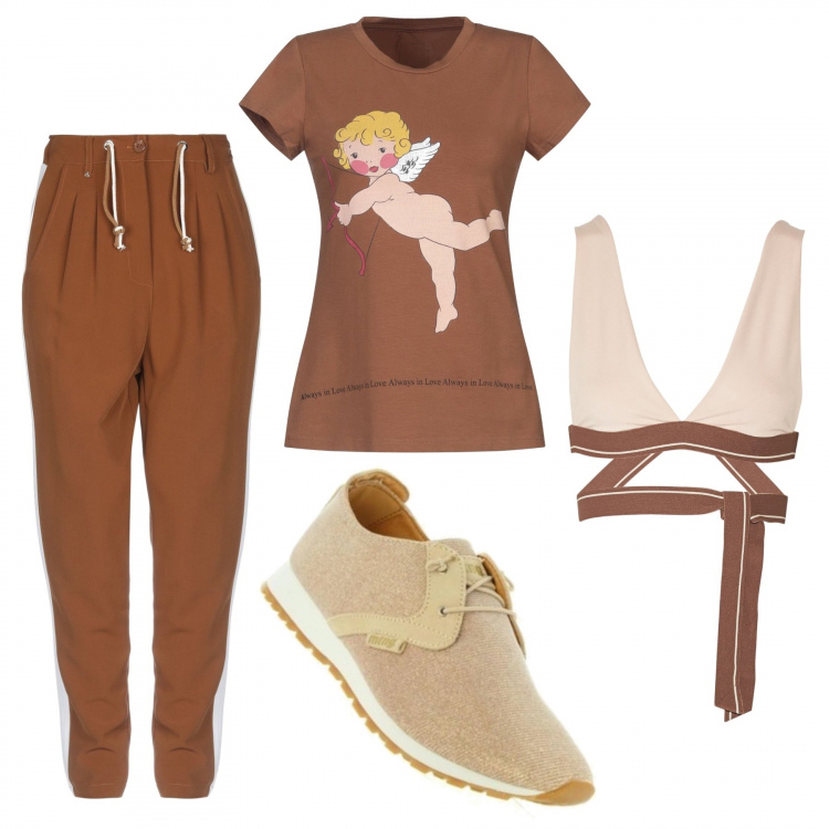 Outfit mujer - Yoga at home. Estilo Basic para Deporte. Combinación con sneakers, pantalones, sujetadores, camiseta.
