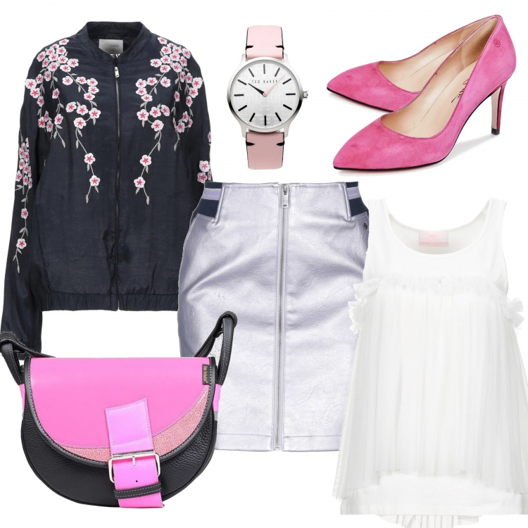 Outfit mujer - Iremos al cine. Estilo Trendy para Noche/Fiesta elegante. Combinación con borsa a tracolla rosa, zapatos de tacón, bomber fantasia floreale in viscosa, minifaldas, top, reloj.
